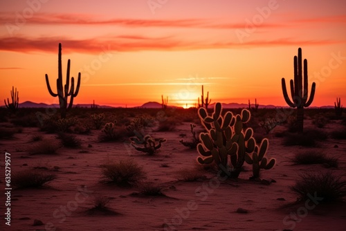 Twilight Serenity: Desert Sands, Cacti Silhouettes, and Sunset's Gentle Fade 