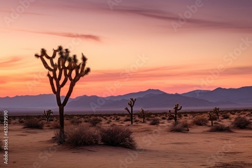 Desert Sunset's Embrace: Twilight Scene with Golden Sands, Cacti Silhouettes, and Subdued Colors 