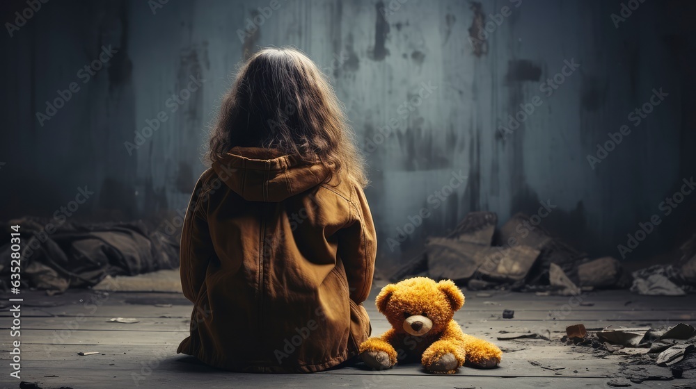 Lonely Child Clutching Teddy Bear, Facing Wall Represents Childhood Depression and Need for Support