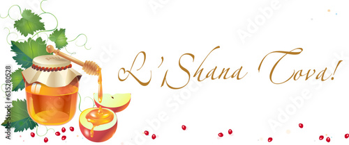 Rosh Hashanah greeting card - Jewish New Year. Text "Shana Tova!" on Hebrew - Have a sweet year. Honey and apple, shofar, pomegranate, vintage ribbon scroll banner. Rosh Hashana, sukkot Jewish Holiday