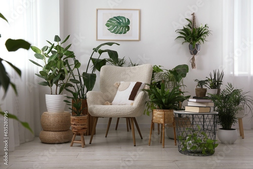 Stylish room with comfortable armchair and beautiful houseplants. Interior design
