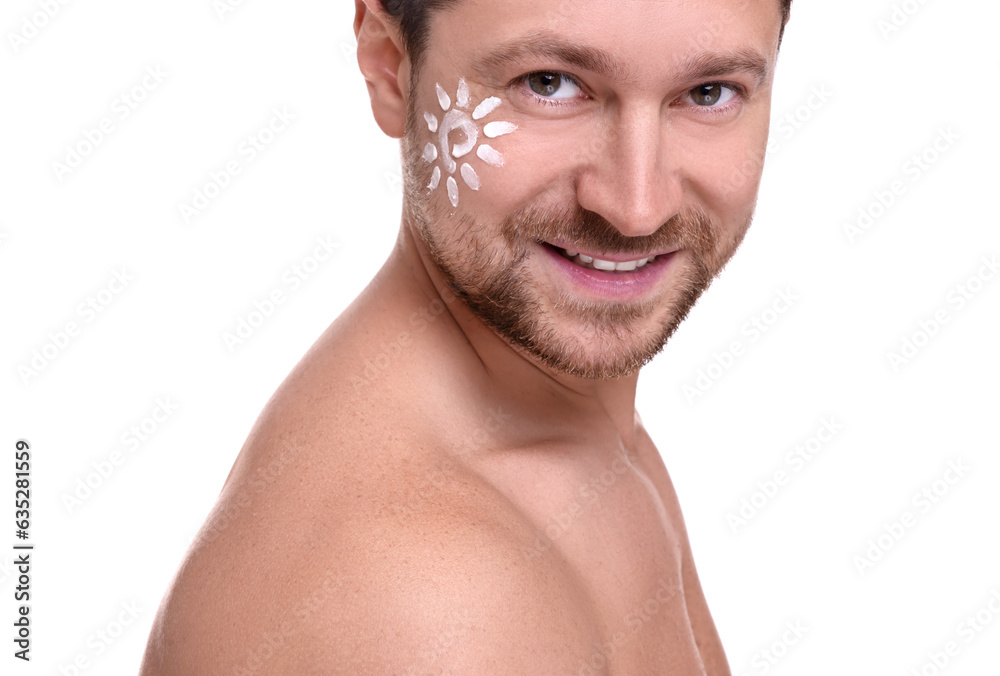 Handsome man with sun protection cream on his face against white background, closeup Handsome man with sun protection cream on his face against white background, closeup