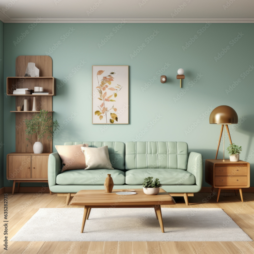 Interior of modern living room with mint sofa and wooden coffee table. Created using generative AI Interior of modern living room with mint sofa and wooden coffee table. Created using generative AI