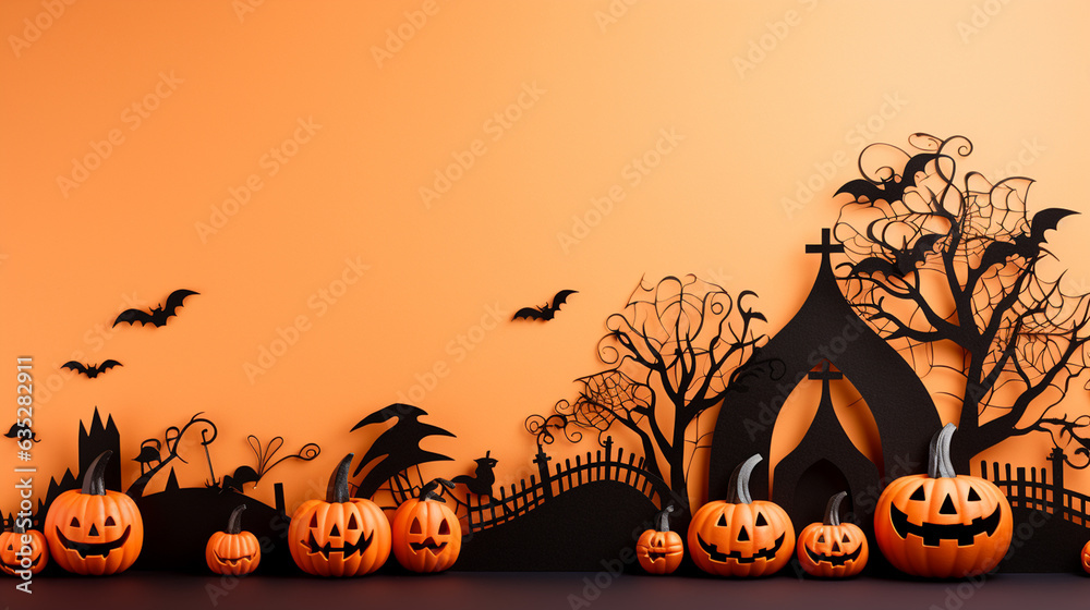 Spooky Papercraft Town and Houses on Bright Orange Gradient Background - Trees/Foliage, Bats, and Jack-O-Lanterns - Halloween Theme with Copy Space - Generative AI 