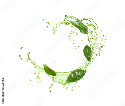 Splashes of refreshing drink with leaves on white background. Green or matcha tea