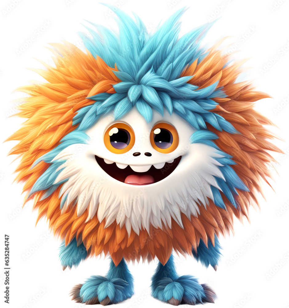 Fototapeta premium Funny shaggy furry cheerful monster with big eyes and smiling mouth with big white teeth, isolated on transparent background. Children's cartoon character or cute soft toy. Generative AI