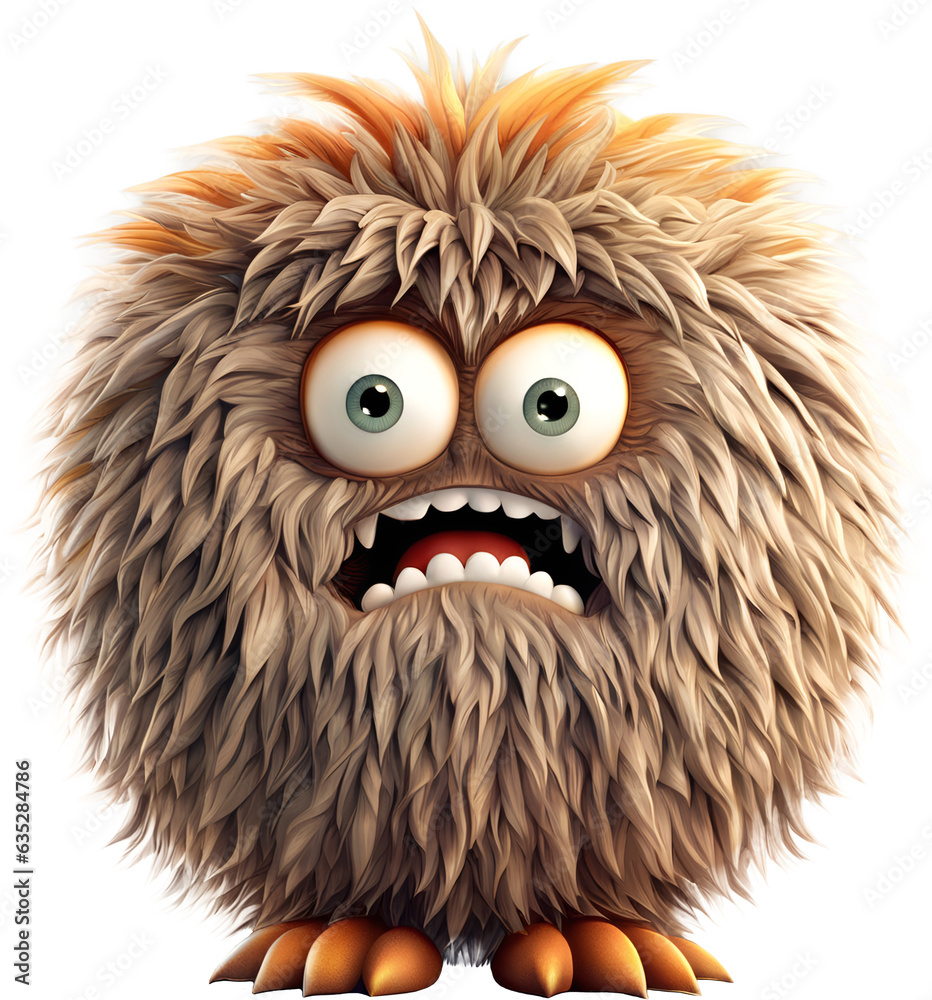 Funny shaggy furry angry monster with big eyes and mouth with big white teeth, isolated on transparent background. Children's cartoon character or cute soft toy. Generative AI