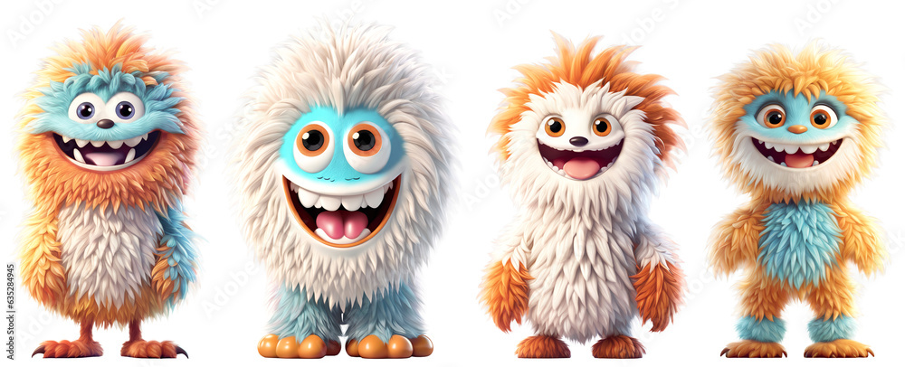 Set of funny shaggy furry cheerful monsters with big eyes and smiling mouths with big white teeth, isolated on transparent background. Children's cartoon characters or cute soft toys. Generative AI Set of funny shaggy furry cheerful monsters with big eyes and smiling mouths with big white teeth, isolated on transparent background. Children's cartoon characters or cute soft toys. Generative AI