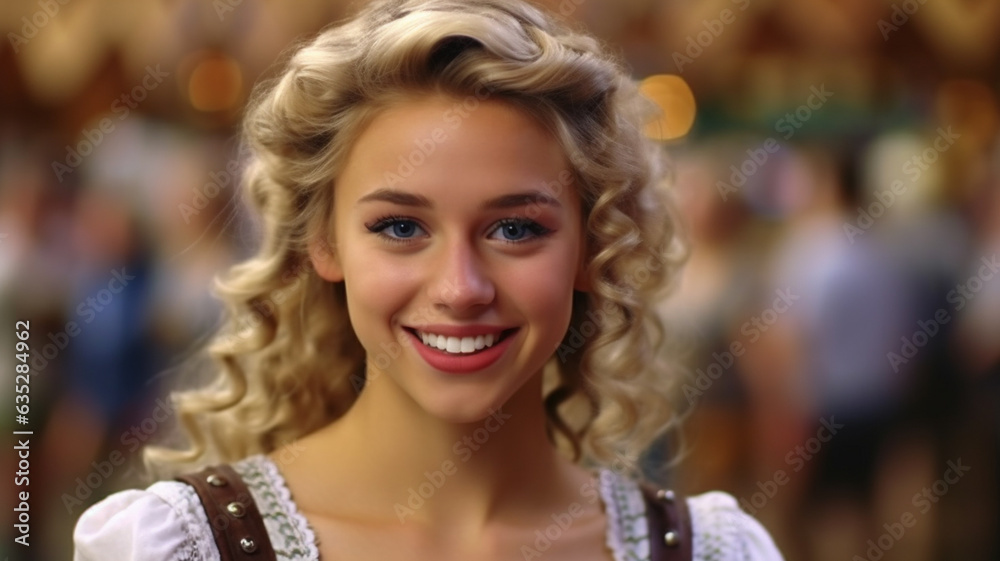 typical young adult woman or teenage girl, caucasian blonde 20s, joyful smile and having fun at oktoberfest or folk festival, wearing a bavarian style dirndl