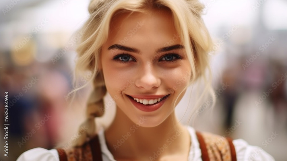 woman or teenage girl, caucasian blonde 20s, happy smiling and having fun at oktoberfest or folk festival, wearing a bavarian style dirndl