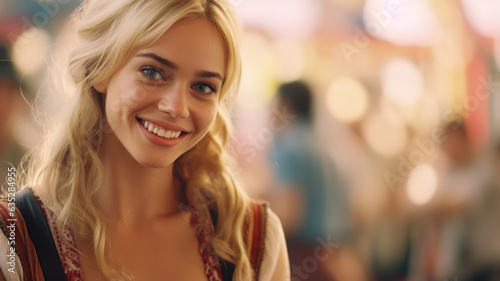 typical young adult woman, caucasian blonde 20s, joyful smile and having fun at oktoberfest or folk festival, wearing a bavarian style dirndl © wetzkaz