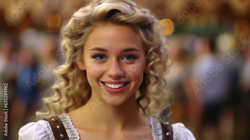 typical young adult woman or teenage girl, caucasian blonde 20s, joyful smile and having fun at oktoberfest or folk festival, wearing a bavarian style dirndl