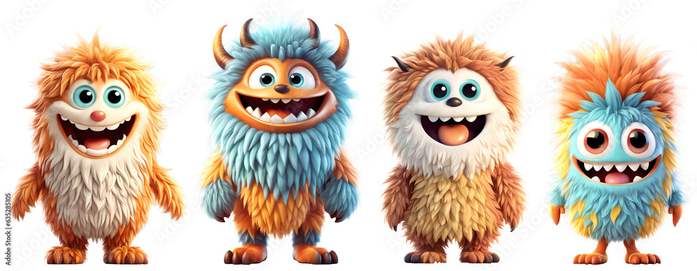 Fototapeta premium Set of funny shaggy furry cheerful monsters with big eyes and smiling mouths with big white teeth, isolated on transparent background. Children's cartoon characters or cute soft toys. Generative AI