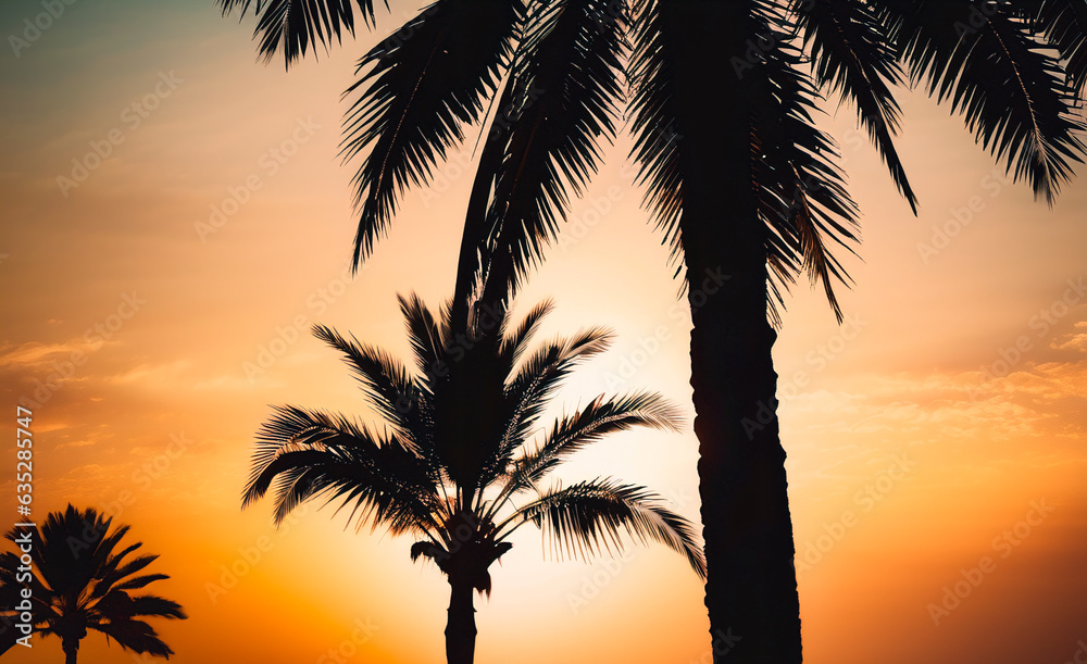 Silhouette palm tree with sunset and sun light. 