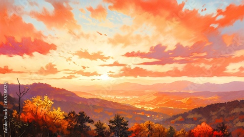 秋空、雲がオレンジに染まる秋の夕焼け空のイラスト