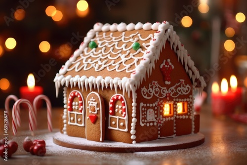 gingerbread house with powdered sugar for Christmas on festive background. holiday concept. 