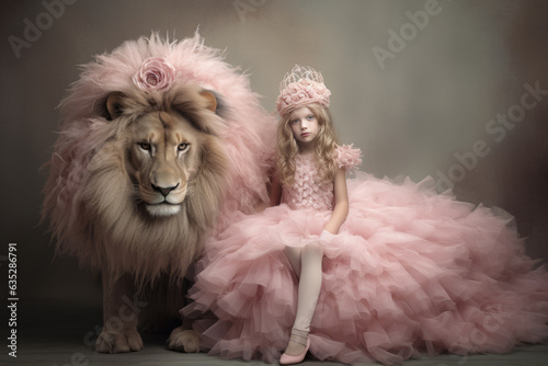 Portrait of a little girl with her pet lion. Kids room decoration, strength, friendship concept. AI generative, illustration