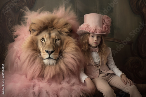 Portrait of a little girl with her pet lion. Kids room decoration, strength, friendship concept. AI generative, illustration