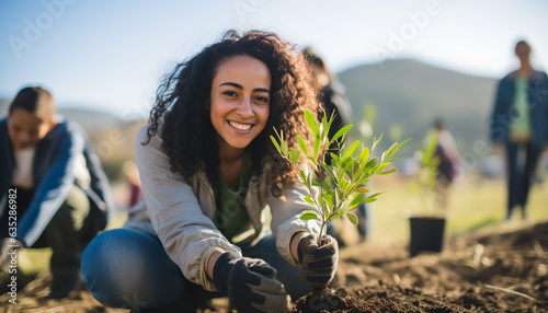 Portrait of a young woman planting a tree, created with ai technology
