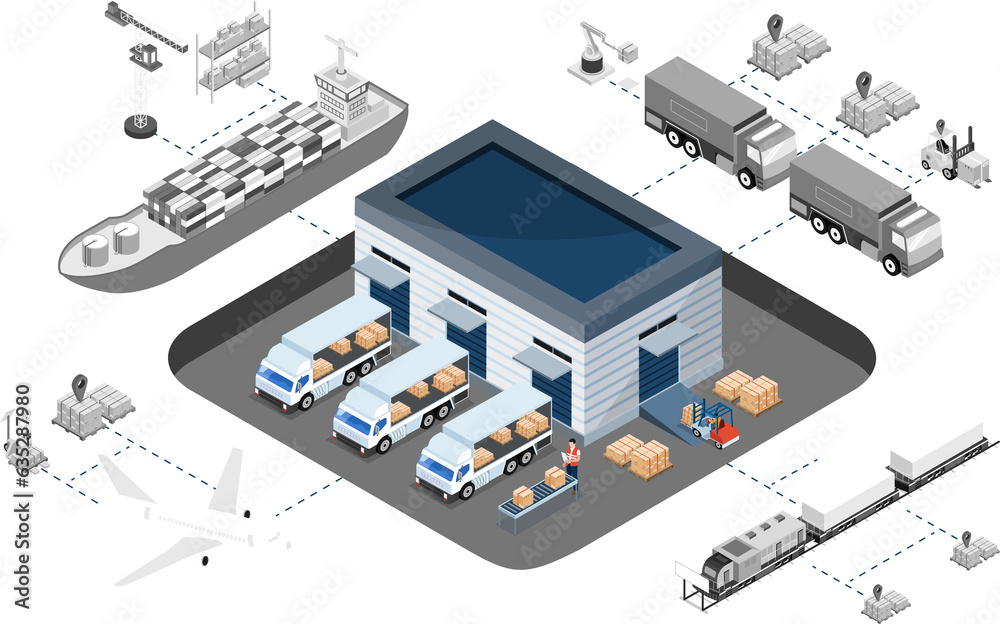 3D isometric logistics Warehouse Work Process Concept with Transportation operation service, Export, Import, Cargo, Forklift, Delivery Truck. 3D isometric logistics Warehouse Work Process Concept with Transportation operation service, Export, Import, Cargo, Forklift, Delivery Truck.