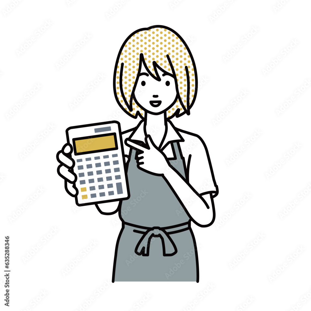 立って電卓を指差してこちらに向けて見せているエプロンをした店員の女性 立って電卓を指差してこちらに向けて見せているエプロンをした店員の女性