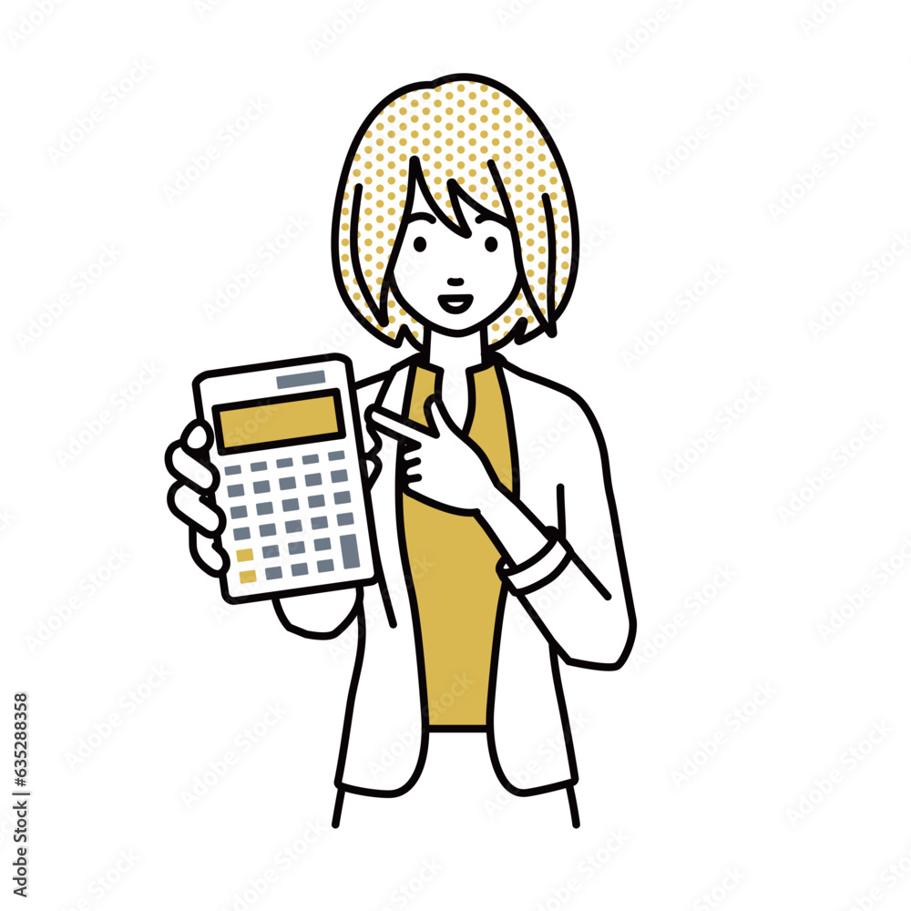 立って電卓を指差してこちらに向けて見せているジャケットの女性 立って電卓を指差してこちらに向けて見せているジャケットの女性