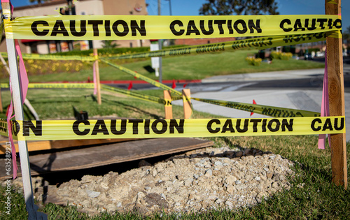 Two rows of yellow caution tape tied to wooden stakes with black lettrs at construction site marking the presence of a trench photo