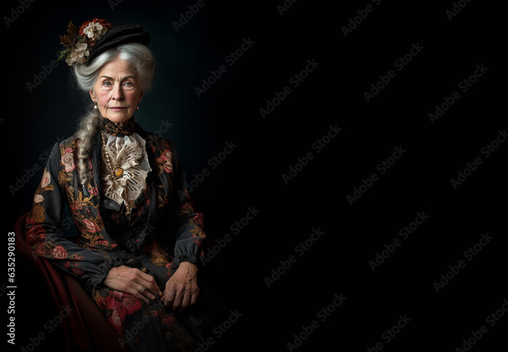 Portrait of a mature woman with delicate historical dark gown ornate with flowers, hat with flowers, isolated on black background, copy space great for quotes and messages.