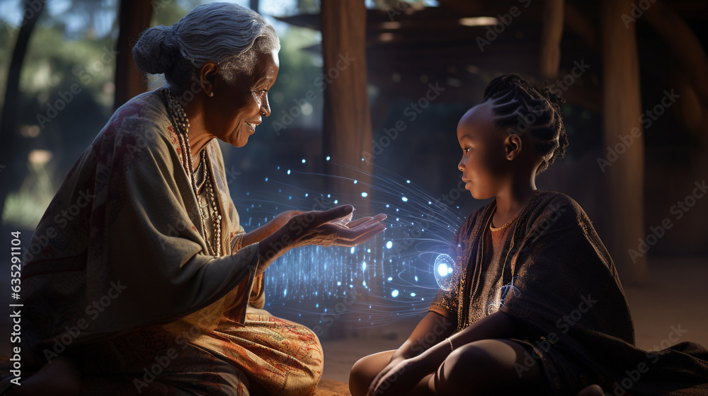 Generations Connected Through AI: Black Grandmother and Granddaughter Exploring Heritage with Holographic Interface Outdoors