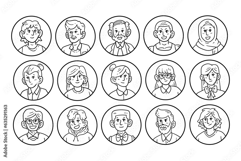 Profile avatar hand-drawn outline sketch illustration set