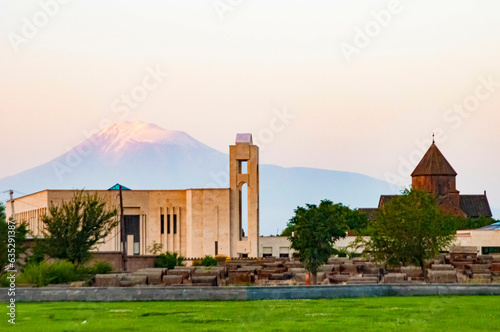 Mount Ararat towers over the Armenian holy sits Echmiadzin