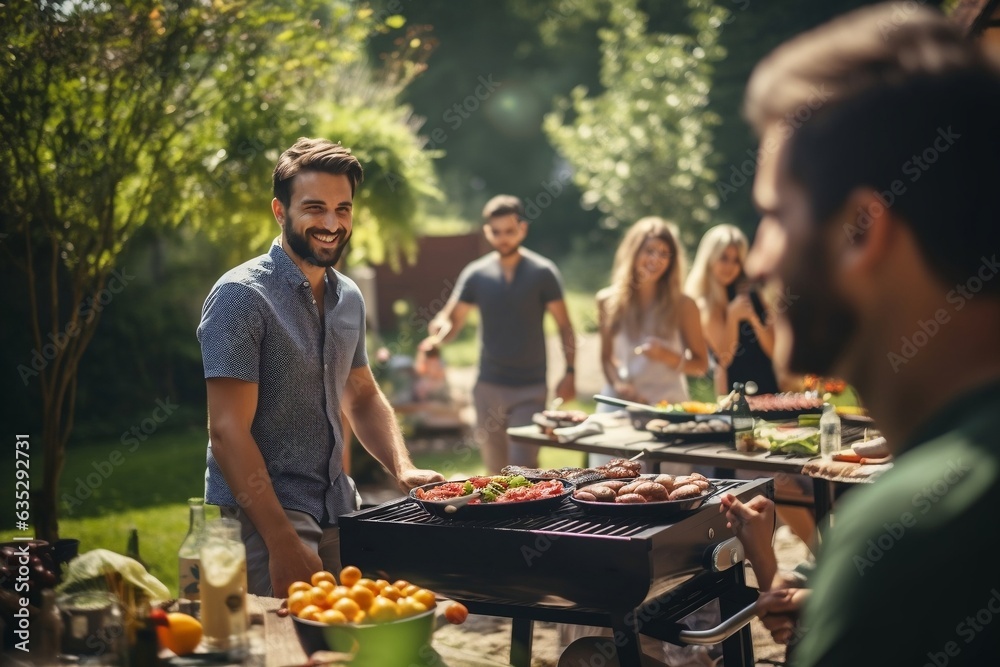 A photograph capturing a family and friends enjoying a picnic outdoors, Generative Ai