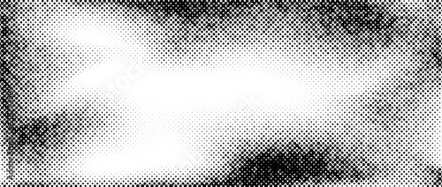 Aged halftone noise gradient texture. Grunge dirty speckles and spots background. White and black faded sand grain wallpaper. Retro pixelated comic horizontal backdrop. Vector pop art