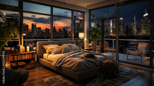 Modern Urban Living Bedroom background  Small Apartment Room with a Cityscape View  lifestyle concept