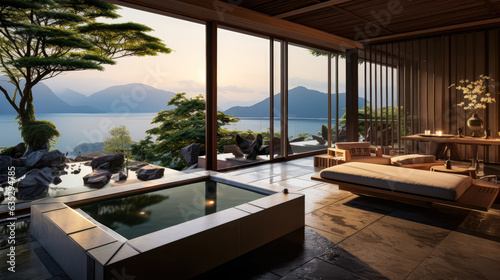 3D render interior design concept, Tranquil Japanese Resort by the Lake Natural background: A Serene Retreat and Relax with private Onsen space. travel and vacation background © Nuchjara