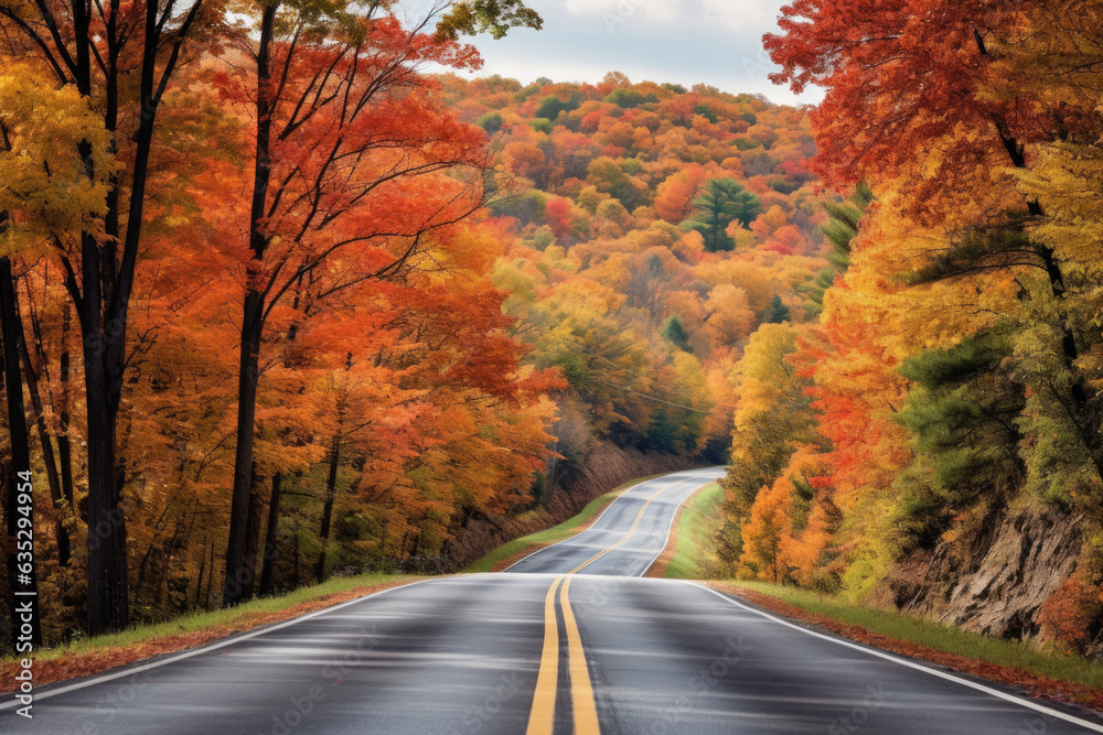 Naklejka premium A winding road in a forest during autumn. The road is black and has a double yellow line in the center. The trees on either side of the road are in full autumn colors