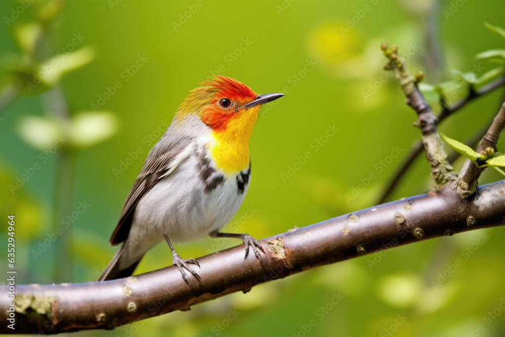 A small bird perched on a branch. The bird has a red head and white body. It is facing to the right A small bird perched on a branch. The bird has a red head and white body. It is facing to the right