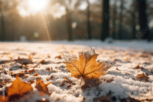 A single maple leaf on a bed of snow in a forest. The leaf is orange and has a layer of frost on it. The sun is shining through the trees and creates a warm glow on the leaf