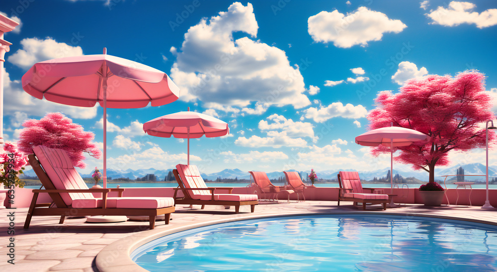 pink chairs with umbrella by a pool by the sky