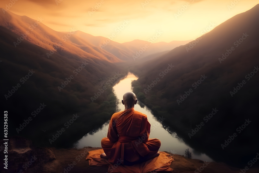 Buddhist monk in meditation on mountaintop at beautiful sunset or sunrise