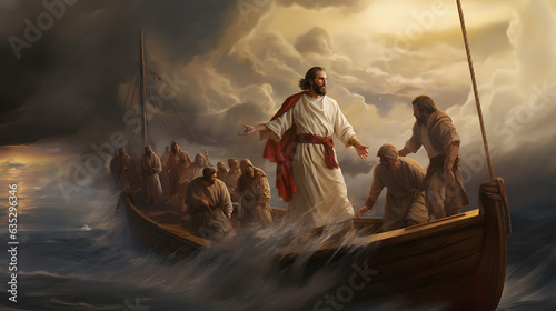 Jesus Christ on the boat calms the storm at sea.