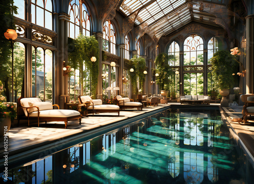 a swimming pool in a glass roof building photo