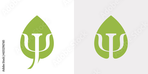 combination of green Greek letter Psi with leaf elements. Neuropsychology and psychology logo isolated on white and green. Psychotherapy concept. Vector illustration. psychotherapy Psi logo design.