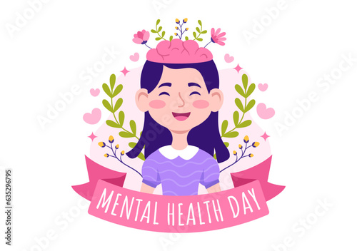 World Mental Health Day Vector Illustration on October 10 with Healthy Problem and Heart in Brain in Flat Cartoon Hand Drawn Background Templates