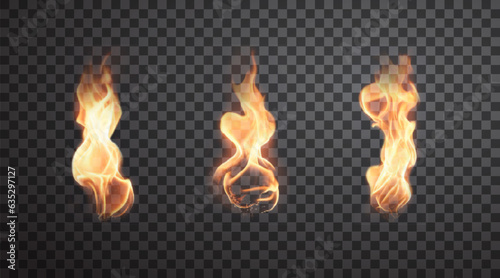 Set of realistic torch flame isolated on transparent background. Vector design elements with bright burning fire for wooden torch