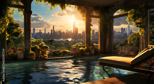 an interior balcony pool overlooking a city and sun