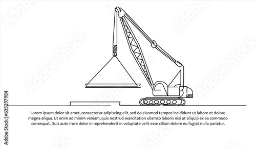 Crane truck one continuous line design. Construction transport symbol vector. Decorative elements drawn on a white background.