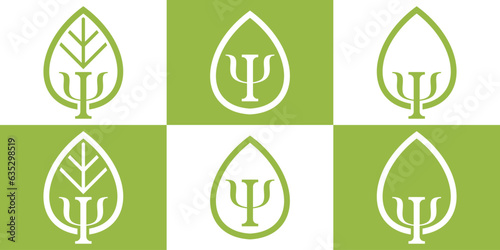 combination of green Greek letter Psi with leaf elements with multiple options. Neuropsychology and psychology logo isolated on white and green. Psychotherapy concept. Vector illustration. psychothera