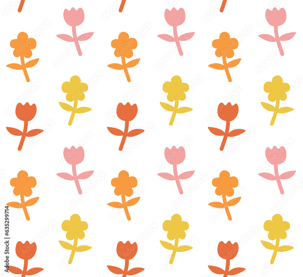 Vector seamless pattern of different color hand drawn doodle flat flower silhouette isolated on white background