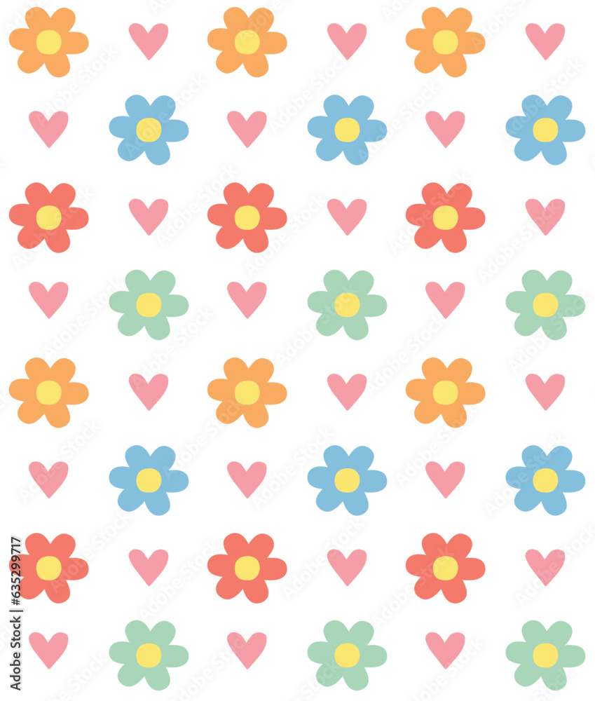 Vector seamless pattern of different color flat hand drawn flowers and hearts isolated on white background